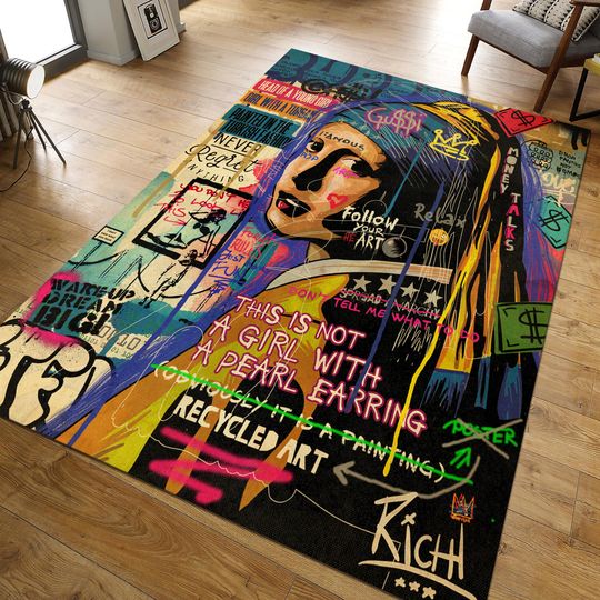 Discover Pearl Earring Girl,Popart Rug,Garffity Rug,Colorful Rug, Street Art Rug, Area Rug