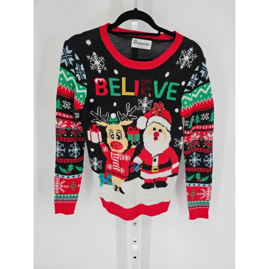 No Boundaries Womens Sz S Ugly Christmas Sweater Believe Santa Claus Reindeer