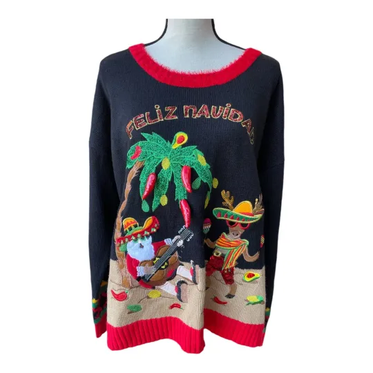 Discover Holiday Time "Ugly" Christmas Sweater Large Santa Reindeer Sombrero Peppers