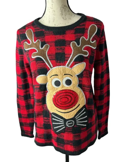 Holiday Time Ugly Christmas Sweater Women's Red  Rudolph Reindeer