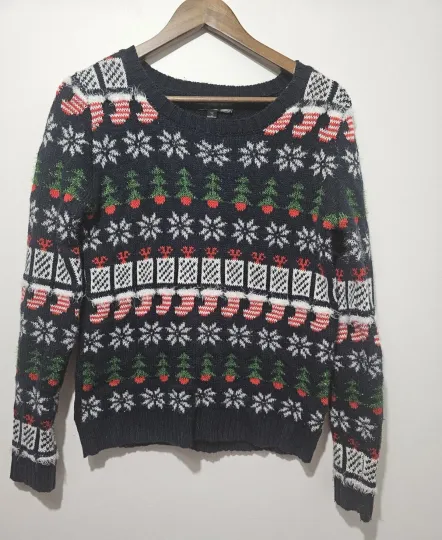 Discover Almost Famous Size MEDIUM Navy Blue Ugly Christmas Tree Tinsel Knit Sweater