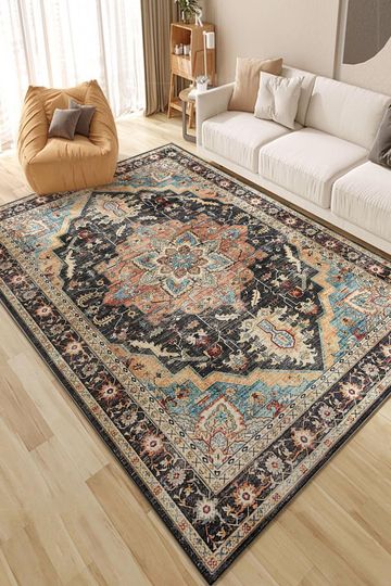 Vintage Oriental Black Medallion Area Rug  Distressed Boho Carpet