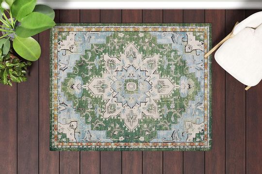 Discover Distressed Green & Blue Medallion Rug: Vintage Oriental Floral Carpet