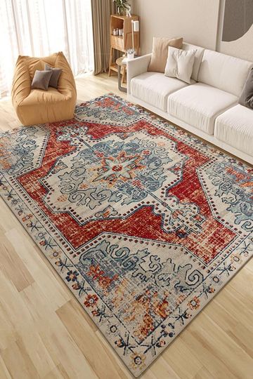 Discover Red and Blue Boho Area Rug: Anatolian Turkish Style, Non-Slip, Machine Washable