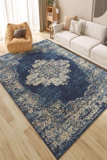 Discover Blue Teal Distressed Persian Style Rug: Vintage Farmhouse Accent