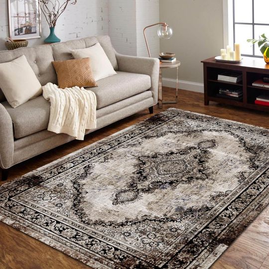 Discover Brown beige faded Rug, Turkish Vintage Rug, Beige Brown Oushak Rug,