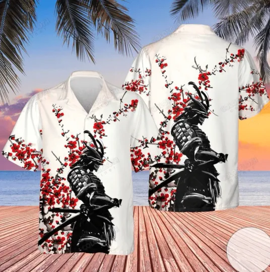 Discover Samurai Warrior Red Flower Hawaiian Shirt Men’s Casual Clothing