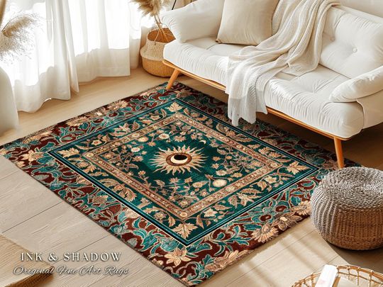 Discover Moon and Sun Ethereal Bohemian Rug | Celestial Tarot Aesthetic Zodiac Inspired Floral Maximalist Bedroom Ethereal Astrology Witchy Area Rug