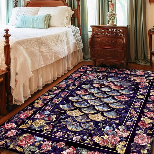 Discover Princesscore Royal Ornate Accent Rug | Whimsical Floral Fairytale Dark Storybook Fairytale Dragon Scale Purple Area Rug Medieval Folklore |