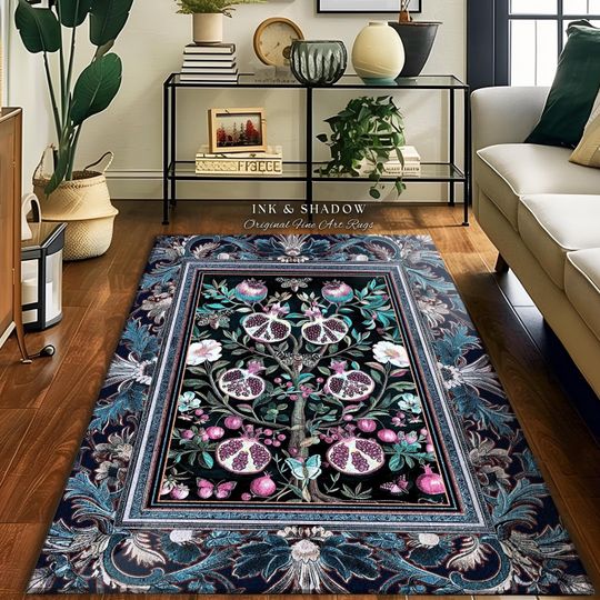 Enchanted Floral Pomegranate Rug – Whimsigothic Botanical Witch Cottagecore Decor, Dark Academia Indigo Blue Forest Art Nouveau Rug