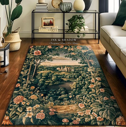 Discover Princess Medieval Accent Rug | Rustic Floral Landscape Whimsigoth Castle Ethereal Bedroom Aesthetic Area Rug Woodland Goth Romantic Coquette
