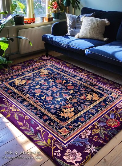 Whimsical Purple Victorian Floral Area Rug for Cottagecore & Witchy Home Decor