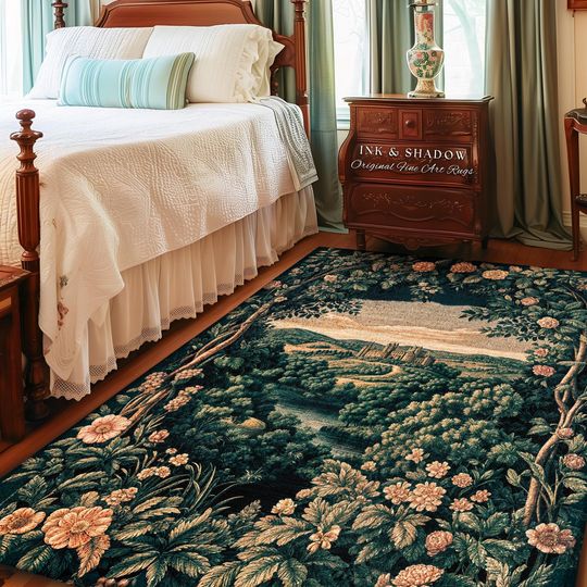 Discover Rosy Forestcore Floral Area Rug | Woodland Castle Dreamy Ethereal Bedroom Aesthetic Princess Accent Rug Woodland Medieval Whimsical Elegance