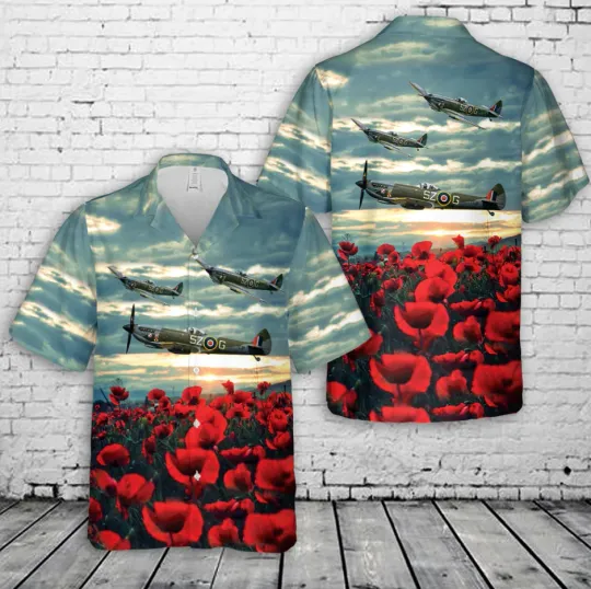 Spitfire Red Poppy Hawaiian Shirt Remembrance Day Unisex Size S-5XL