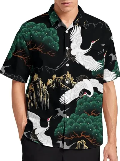 Discover Short Sleeve Hawaiian Shirt with Japanese Cranes, Sizes S-5XL
