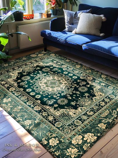 Discover Victorian Gothic Bedroom Rug | Reading Nook Cozy Floor Rug Ornate Statement Rug with Blue Green Detail Cottagecore Dark Academia Aesthetic