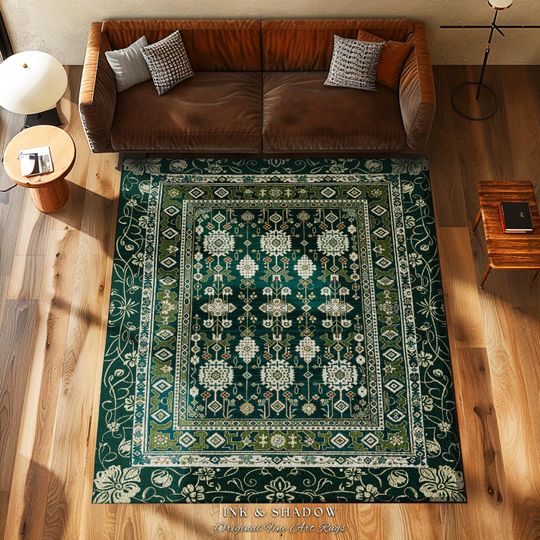 Discover Forest Green Area Rug Boho Decor Rustic Aesthetic Living Room Sage Green Home Decor | Housewarming Gift Cottagecore Green Bedroom Floor Mat