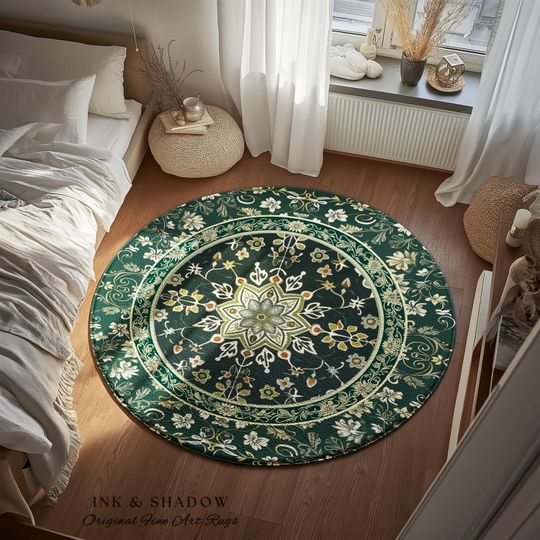 Discover Moody Emerald Green Area Rug | Persian Green Floor Rug Ornate Rug with Blue Green Detail Dark Academia Victorian Gothic Aesthetic Dark Teal