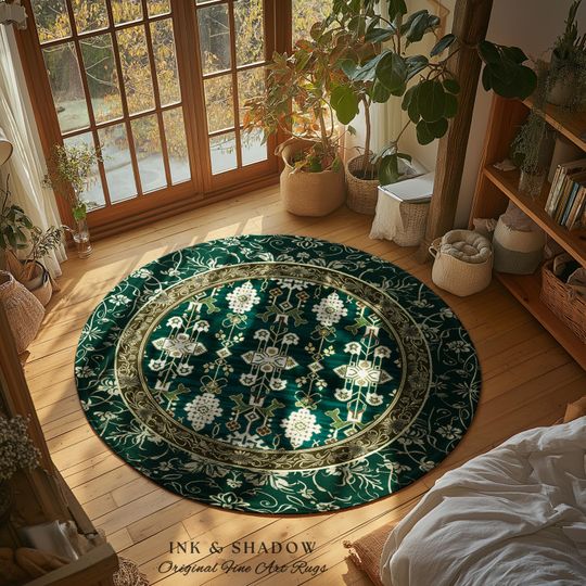 Discover Forest Green Round Area Rug Boho Decor Rustic Aesthetic Living Room Sage Green Home Decor | Housewarming Gift Cottagecore Green Bedroom Mat