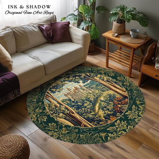 Discover Fairytale Aesthetic Castle Round Rug | Fairycore Large Area Rug Folklore Inspired Magical Woodland Bedroom Decor Whimsigothic Mat Ethereal |