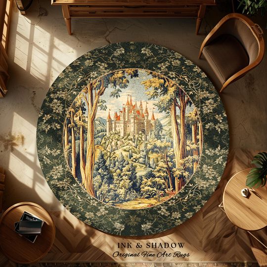 Discover Mystic Castle Book Nook Round Rug | Ethereal Fairycore Large Area Rug Folklore Aesthetic Magical Woodland Botanical Bedroom Dark Academia |