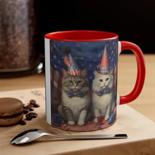 Discover Colorful Accent Holiday Coffee Mug 11oz 4th of July Cat Kitty Independence Day