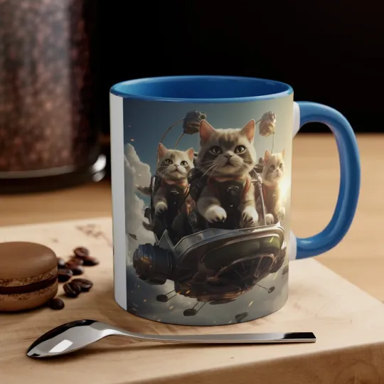 Discover Colorful Accent Coffee Mug 11oz Tabby Cat Kitty Family Electric Flying Car