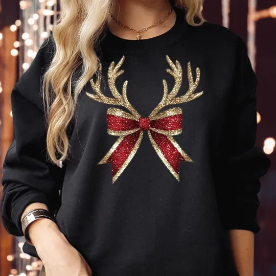 Discover Merry Christmas Reindeer Coquette Bow Family Holiday Sweatshirt