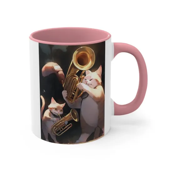 Discover Colorful Accent Coffee Mug 11oz Tabby Cat Trombone Brass Instrument in Forest