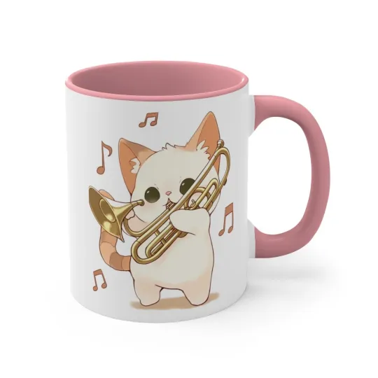 Discover Colorful Accent Coffee Mug 11oz Cute White Cat Trombone Brass Instrument Anime