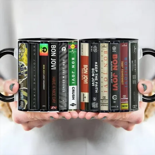 Discover Bon Jovi Albums Cassette Collection Retro Accent Mug 80's Music Coffee Cup