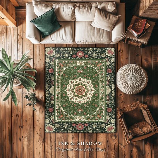 Discover Jade Green Victorian Rug with Green Details and Peach Accents for Cozy Bohemian Reading Nook