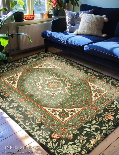 Discover Ornate Floral Medallion Sage Green Rug Vintage Persian Style Botanical Elegance