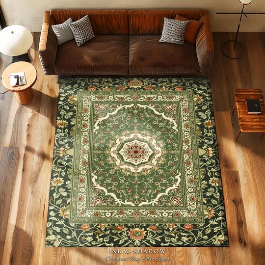 Discover Boho Olive Green Floor Rug with Victorian Ornate Pattern and Sage Green Accents for Cozy Reading Nook