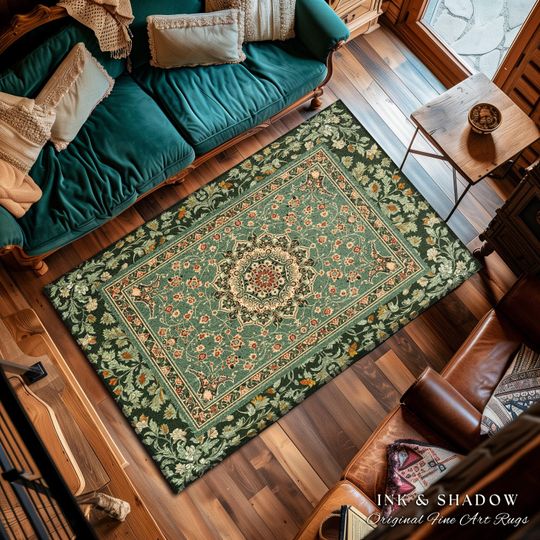 Folklore Aesthetic Living Room Rug, Victorian Style with Seafoam Green Accents, Bohemian Cozy Reading Nook Rug