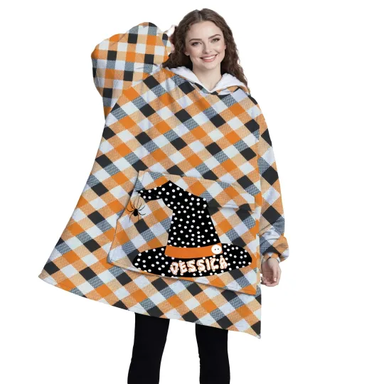 Personalized Blanket Hoodies, Orange and Black Halloween Plaid Witch Hat Oversiz