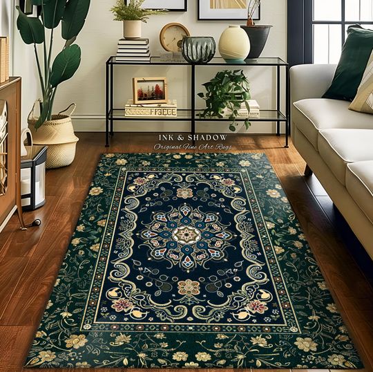 Discover Whimsical Emerald Teal Gothic Accent Rug with Baroque Design, Dark Academia, Art Deco, Boho Maximalist Bedroom Rug