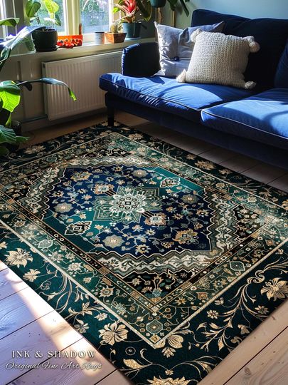 Discover Victorian Baroque Area Rug, Midnight Emerald, Ornate Gothic Art Deco Design, Boho Accent, Dark Academia, Maximalist Home Statement