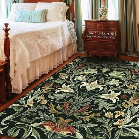 Emerald Green Floral Botanical Runner Rug - Art Deco Cottagecore Home Decor