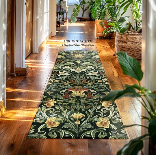 Art Deco Wildflower Runner, Nature-Inspired Gothic Botanical Rug with Vintage Green Cottagecore Floral Design