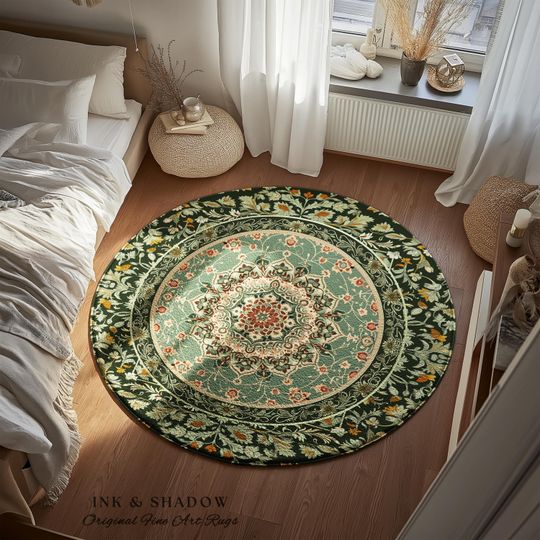 Folklore Aesthetic Round Rug for Living Room, Victorian Style with Seafoam Green Details