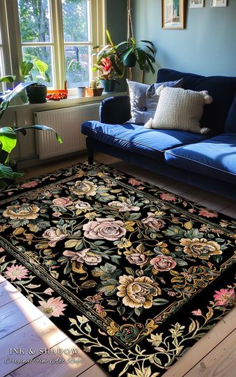 Antique Rose Floral Rug Victorian Dark Academia Decorative Pink Rose Cottagecore Vintage Home Rug