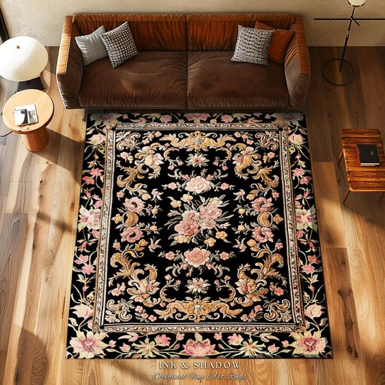 Dark Pastel Maximalist Rug for Living Room, Bohemian & Rustic Home Decor, Cottagecore Earth Tone Floor Mat