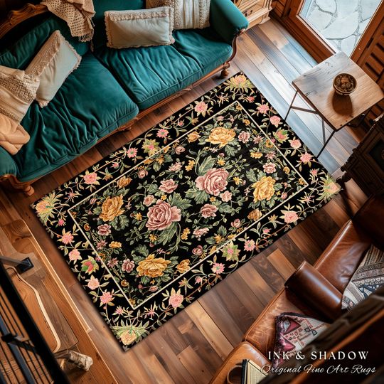 Victorian Roses Floral Accent Rug, Dark Floral Aesthetic Home Decor, Rustic Cottagecore Pastel Bedroom Mat