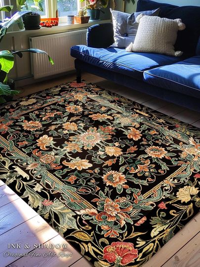 Peachy Floral Area Rug, Dark Floral Woodland Home Decor, Rustic Cottagecore Earth Tone Floor Mat