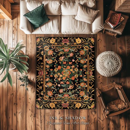 Discover Dark Floral Cottagecore Rug, Bohemian Aesthetic Living Room Decor, Rustic Housewarming Gift, Earth Tone Bedroom Floor Mat