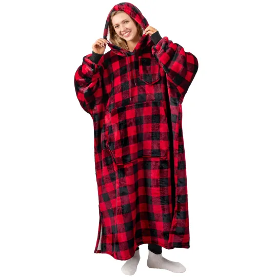 Blanket Hoodie for Women Red, Sherpa Wearable Blanket Men, Cozy Oversized Swe...