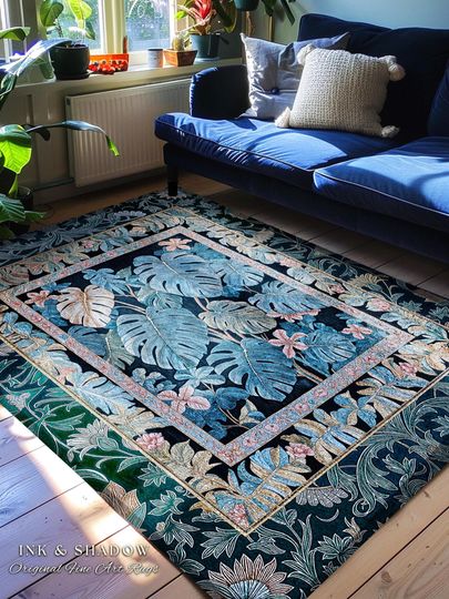 Discover Ornate Floral Tropical Bedroom Rug | Ethereal Woodland Dark Victorian Floral Houseplant Decor Whimsical Gothic Aesthetic Monstera Accent Rug