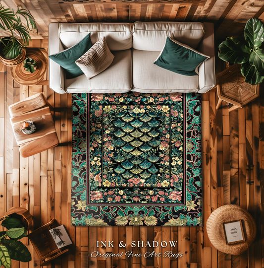Discover Maximalist Floral Eclectic Area Rug | Princesscore Royal Home Accent Rug Ethereal Pastel Storybook Medieval Magic Victorian Dragon Scales |