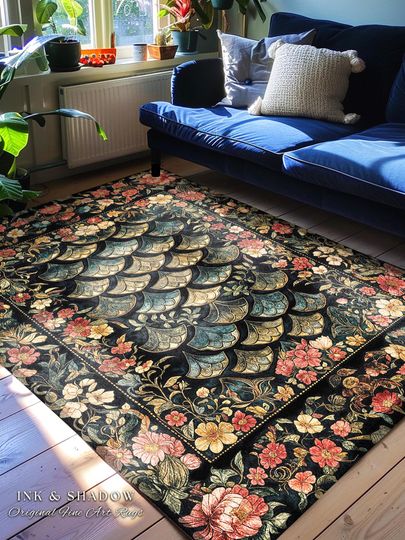Discover Floral Fantasy Fairytale Cozy Area Rug | Ethereal Flowers Medieval Aesthetic Decorative Fairycore Bedroom Princess Home Accent Rug Dragon |